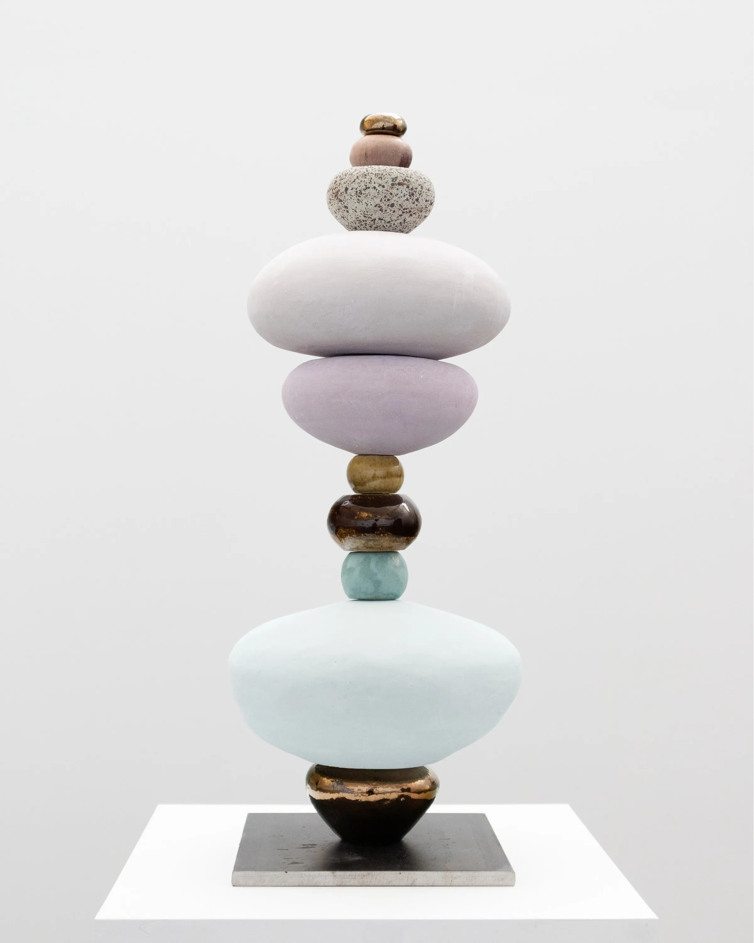 Vessel Stack (Sky / Gaganah), a stack of rounded ceramic forms in blues and lilac