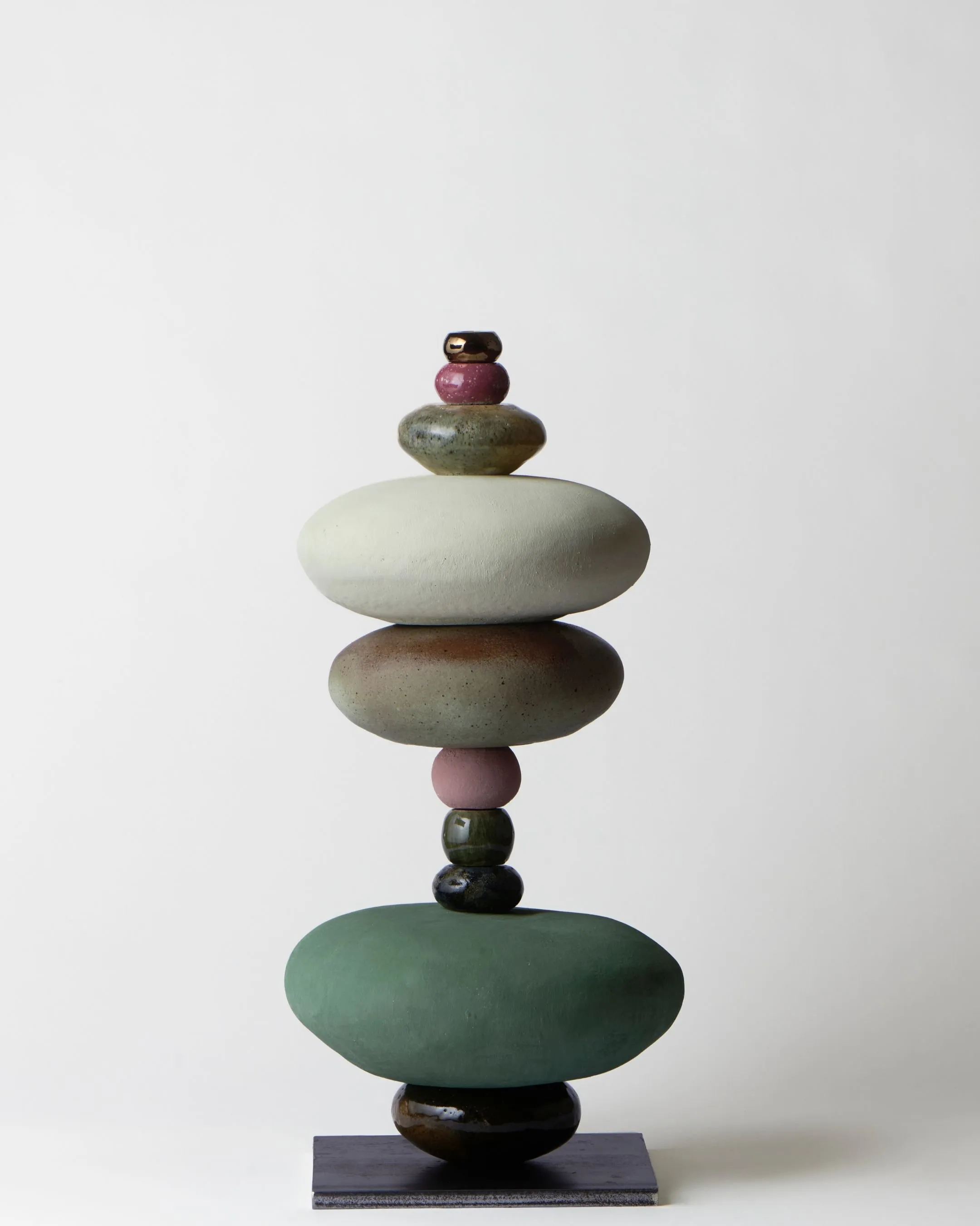 Vessel Stack (Sky / Gaganah), a stack of rounded ceramic forms in blues and lilac